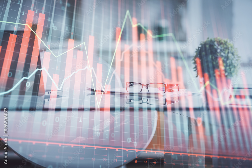 Double exposure of financial graph drawing and office interior background. Concept of stock market. Double exposure of financial graph drawing and office interior background. Concept of stock market.