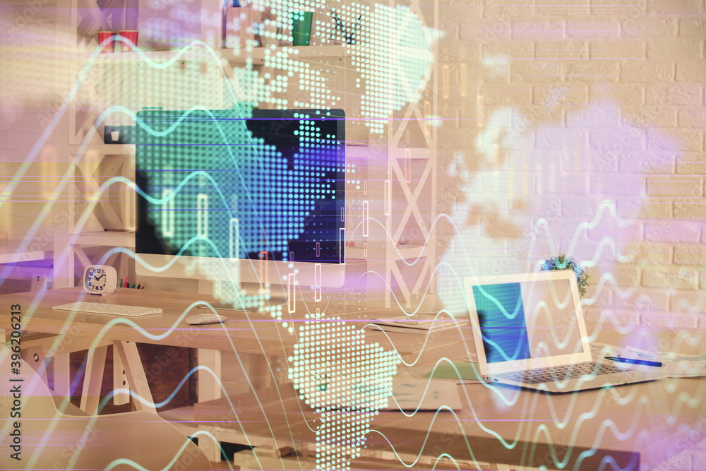 Double exposure of financial graph drawing and office interior background. Concept of stock market. Double exposure of financial graph drawing and office interior background. Concept of stock market.