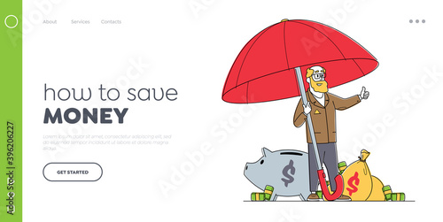 Business Man Protect Capital Landing Page Template. Businessman Character under Umbrella with Money Show Thumb Up