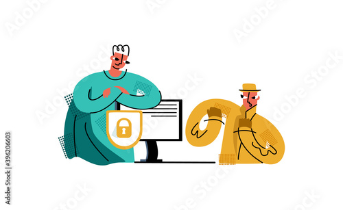 Vector flat, isolated illustration with hacker, identity thief at work. Character in form of superhero holds shield with lock. Concept personal data protection, cyber security, and antivirus software.