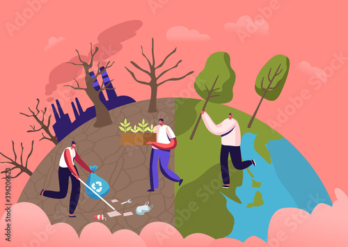 Male Characters Planting Seedlings and Trees into Soil in Garden, Remove Garbage. Save World, Reforestation