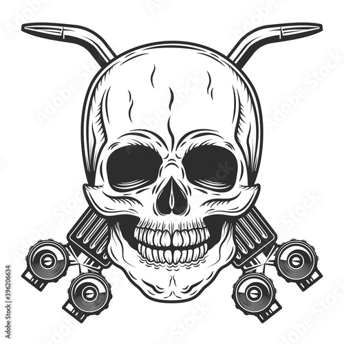 Vintage monochrome welder skull builder from new construction with crossed gas welding torch tool isolated vector illustration