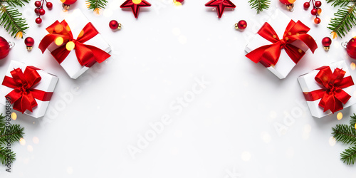 Merry Christmas and Happy Holidays greeting card, frame, banner. New Year. Noel. Red Christmas ornaments and gift on white background top view. Winter xmas holiday theme. Flat lay	
