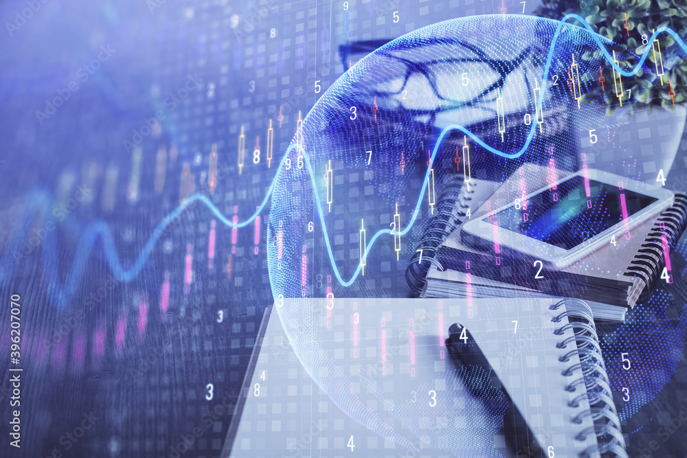 Double exposure of forex chart drawing and cell phone background. Concept of financial trading Double exposure of forex chart drawing and cell phone background. Concept of financial trading