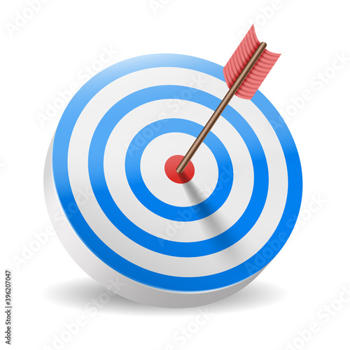 Traditional archery target with blue rings and red arrow in bullseye