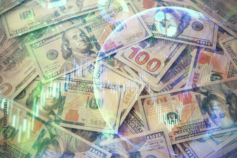 Multi exposure of forex chart drawing over us dollars bill background. Concept of financial success markets. Multi exposure of forex chart drawing over us dollars bill background. Concept of financial success markets.