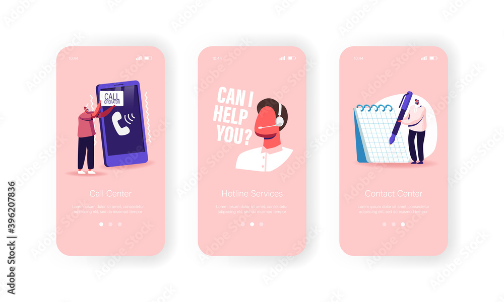 Call Center, Technical Support Service Mobile App Page Onboard Screen Template. Operator and Client Online Communication Call Center, Technical Support Service Mobile App Page Onboard Screen Template. Operator and Client Online Communication