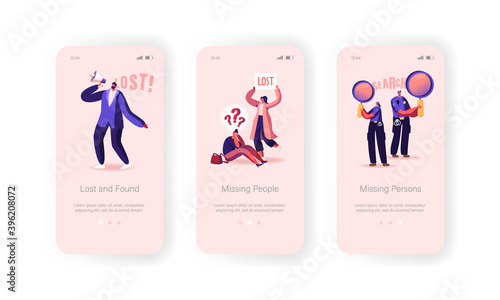 Missing People Lost in Crowd Mobile App Page Onboard Screen Template. Female Character Get Lost, Police Help Concept
