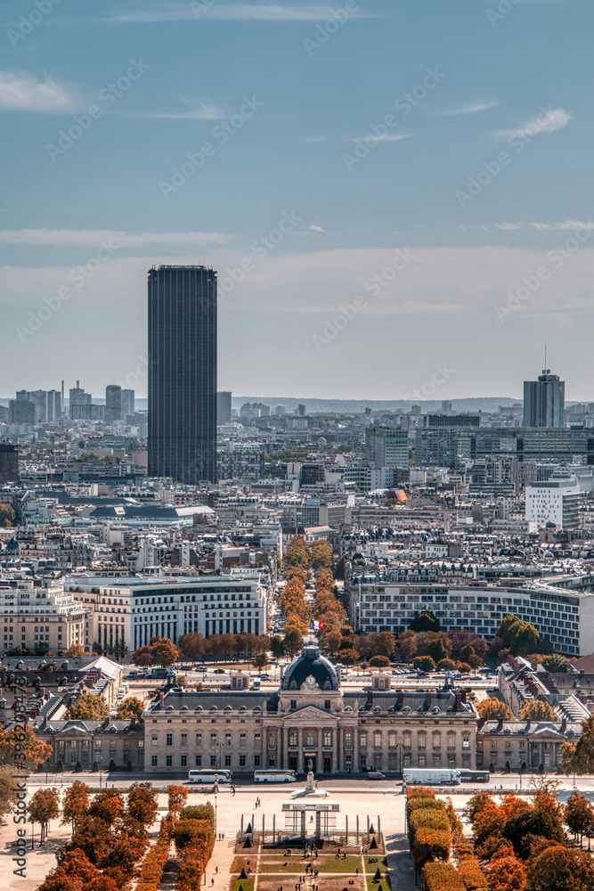 Aerial view from the Eiffel tower where you can see the Champs de Mars, the military school and the Montparmasse tower