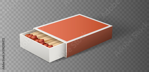 Realistic matchbox. 3d match box open with matches on grey background