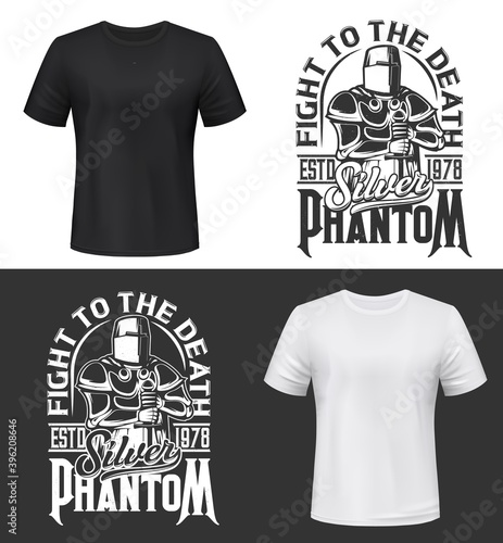 Tshirt print with knight and sword vector mockup, fight club mascot medieval warrior wearing helmet and armor. Monochrome apparel design silver phantom typography, isolated t shirt print or label