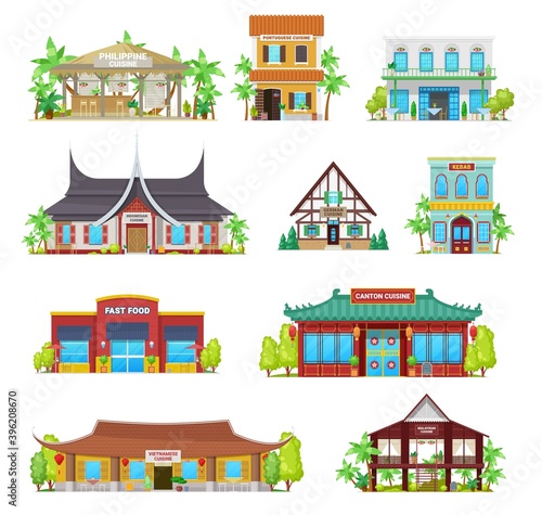 National cuisine restaurants vector buildings. Philippine, portuguese and indonesian, german, kebab and fast food, canton, vietnamese or malaysian traditional architecture, national cafe houses set