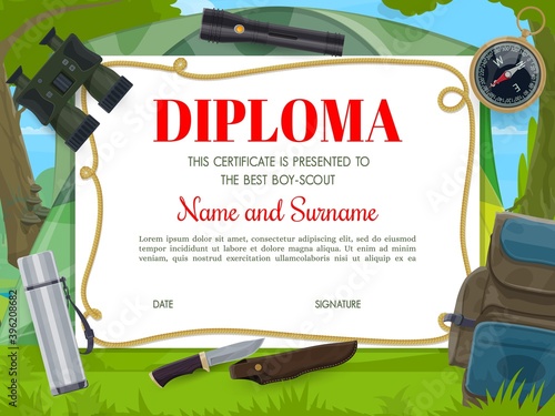 Boy scout diploma vector template with cartoon camping equipment binoculars, backpack and compass with flashlight, vacuum flask and hunting knife. Educational children award certificate design