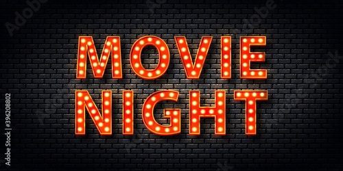 Vector realistic isolated retro marquee billboard with electric light lamps of Movie Night logo for template decoration and covering on the wall background. Concept of show and director.