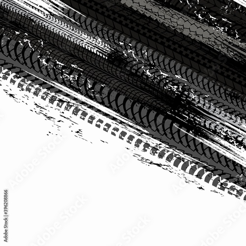 Offroad tyre print and grunge spot vector background, black dirty tire trace for automobile service, off road race competition design. Rally, motocross dirty tire pattern, grungy vehicle trail texture