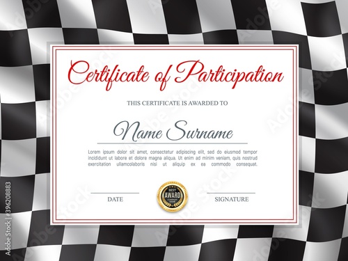 Certificate of participation, diploma vector template with black and white chequered rally flag. Race winner award border design, racing victory success celebration diploma for best result achievement