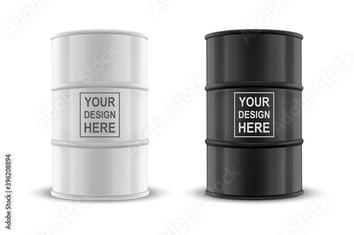 Vector 3d Realistic Illustration. White and Black Simple Glossy Metal Oil, Fuel, Gasoline Barrel Icon Set Isolated on White Background. Design Template of Packaging for Mockup. Front View