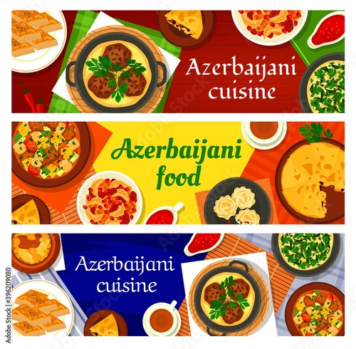 Azerbaijani cuisine vector walnut baklava, shah pilaf, chicken cornel, stew ovrishta and pomegranate sauce narsharab. Fish pie kyata, lamb vegetable stew choban govurma and lamb chickpea stew piti