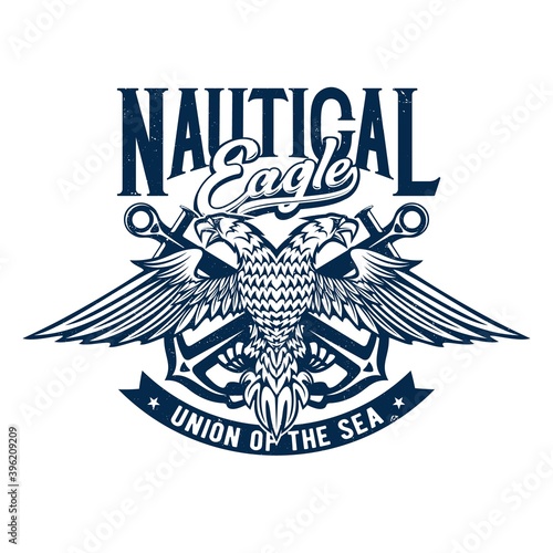 Tshirt print with two headed eagle and anchors, nautical vector mascot for apparel design. T shirt template with typography union of the sea. Grunge print, isolated emblem or label on white background photo