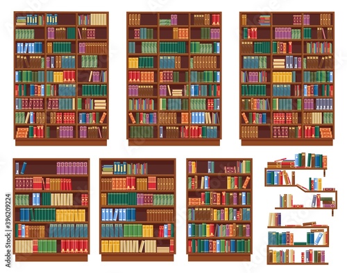 Bookcase, bookshelf with books, library shelves, vector isolated rack icons. Wooden bookcases or bookshelves, classic old library, bookstore or bookshop shelves with piles of standing books