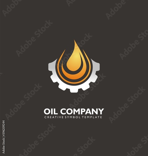 Flame symbol and oil drop creative logo sign idea for industrial business. Gear shape vector icon design.