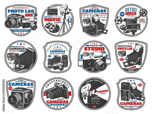 Retro cameras for photo and video vector icons. Vintage photographing optical technics equipment store. Professional lab, photographers technics, film cinema festival isolated labels and emblems set