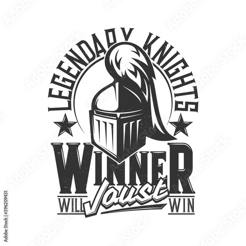 Tshirt print with knight head vector mascot. Apparel mockup with roman or greek gladiator, solder or warrior in helmet with plumage front view, typography legendary winner joust t shirt print template