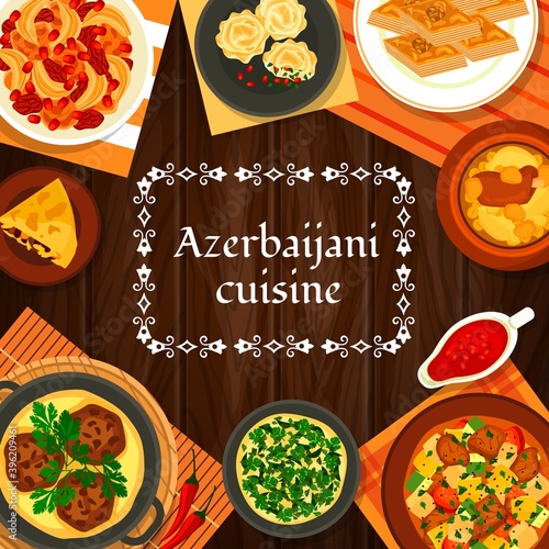Azerbaijani cuisine vector shah pilaf, chicken cornel, stew ovrishta. Herb omelette kuku, tava kebab, pomegranate sauce narsharab. Fish pie kyata, lamb vegetable stew choban govurma, walnut baklava