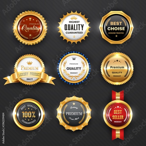 Gold badges and labels, business vector design. Premium quality guarantee certificate, best choice product and seller award, 3d stamps, medals and ribbon rosettes with golden royal crowns, trophy cups