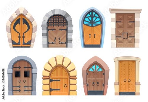 Cartoon gates and doors vector wooden and stone medieval or fairytale arched or rectangular entries. Palace or castle exterior design elements with forged and glass decoration and ring knobs set