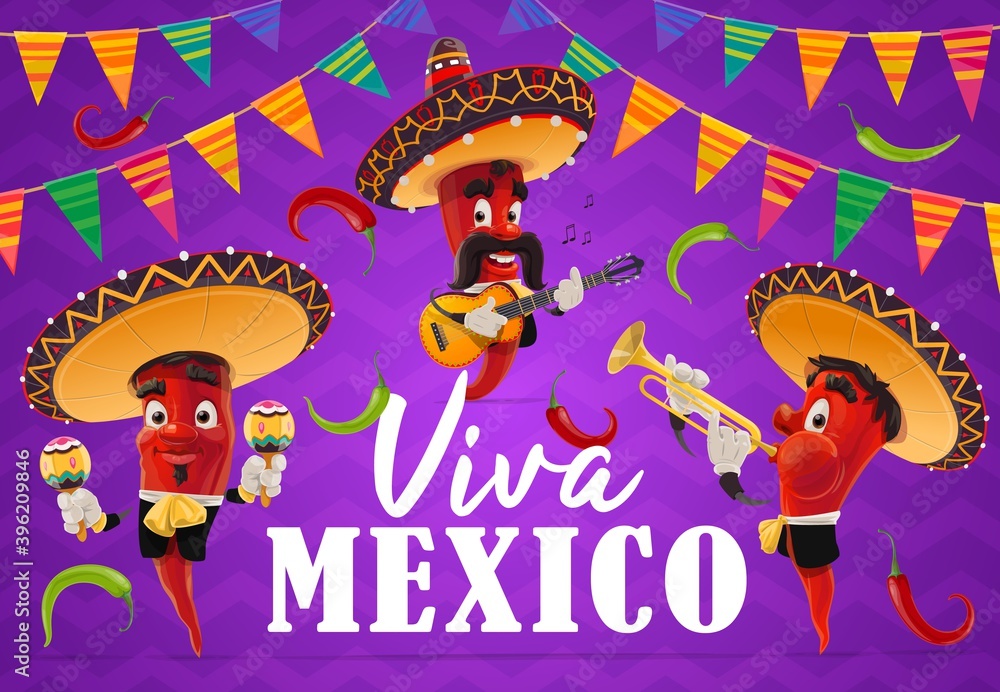 Mexican chilli pepper musician vector characters of Viva Mexico holiday ...