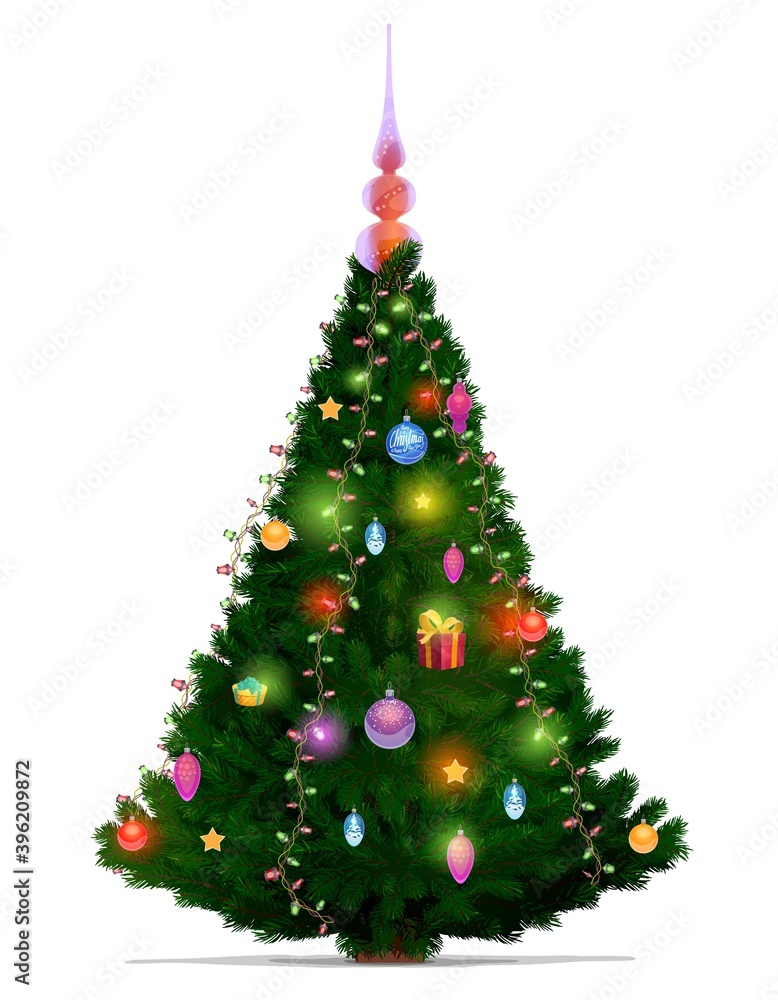 Christmas tree with Xmas and New Year lights. Cartoon vector green fir or pine, decorated with gold stars, balls and present boxes, ribbon bows, glass baubles and topper, greeting card design
