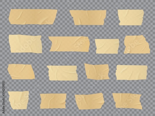 Duct tape pieces, vector adhesive wrinkled stripes, glued sticky scotch tape for fix, repair or packaging purposes. Realistic 3d beige insulating plaster or paper patches, isolated bandage objects set