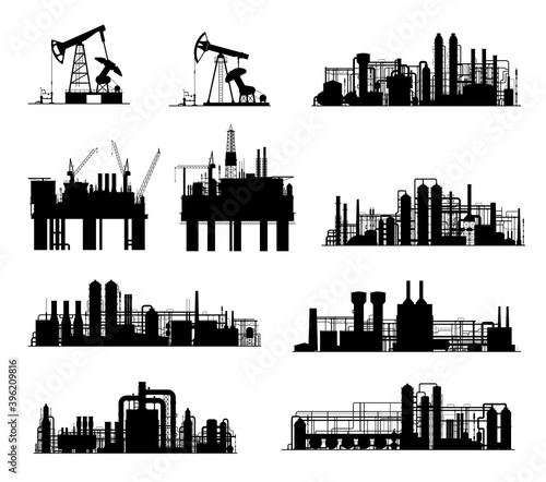Oil and gas industry vector silhouettes. Petroleum refinery factories, drilling rigs, energy plants and derrick pumps, oil offshore platforms and pumpjacks with pipes, towers and cranes