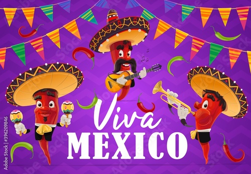 Mexican chilli pepper musician vector characters of Viva Mexico holiday. Cartoon red chili mariachi with Mexican sombrero hats, maracas, guitar and trumpet, jalapenos and festive bunting flag garlands