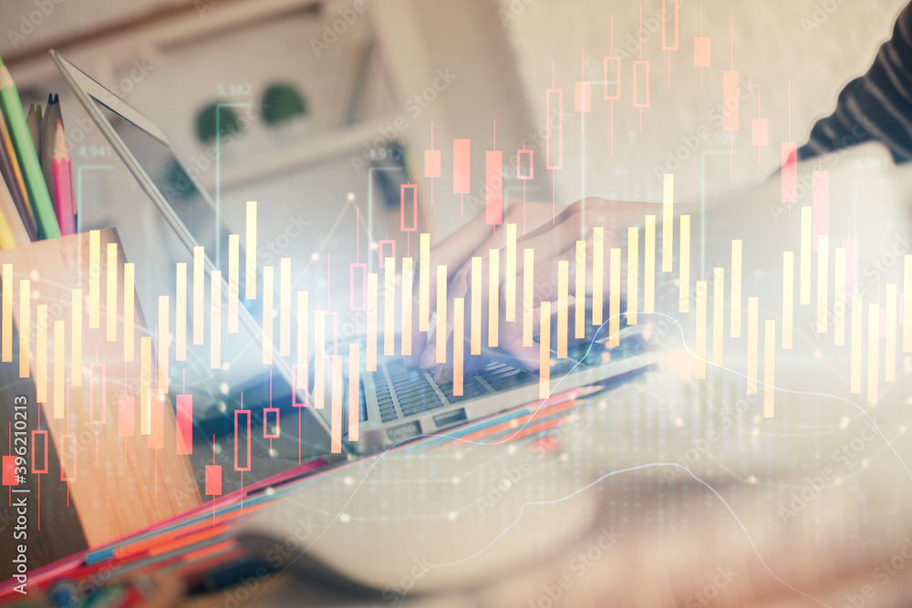 Double exposure of woman hands typing on computer and forex chart hologram drawing. Stock market invest concept. Double exposure of woman hands typing on computer and forex chart hologram drawing. Stock market invest concept.