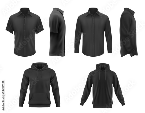 Men clothes vector black tshirt, hoodie and shirt with long and short sleeves apparel mockup. Realistic 3d male garment and underwear template. Blank clothing design, outfit isolated objects set