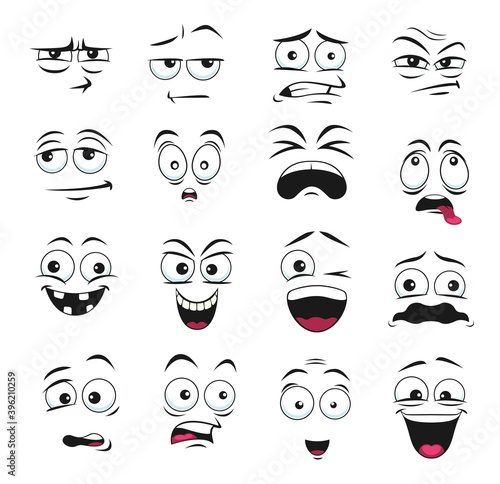 Face expression isolated vector icons, cartoon funny emoji suspicious, scared and shocked, grin, smirk or crazy. Facial feelings smile, laughing and yelling, surprised, toothy and upset emoticons set