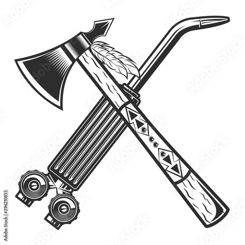 Vintage monochrome crossed tomahawk with gas welding torch repair tool from new construction isolated vector illustration