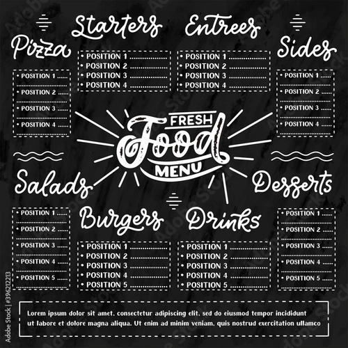 Vector template Chalkboard menu for restaurant and snack bars with grunge elements. Fresh food design