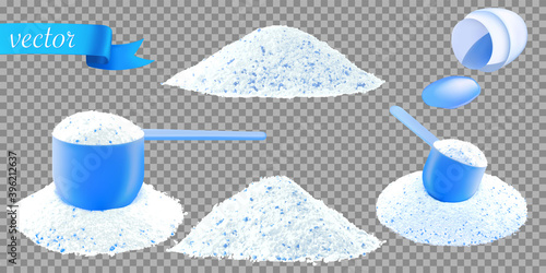 Detergent shirt. Soap white texture with scoop. Liquid powder in cup for washing machine. Laundry wash clothes background. Eco style cleaning concept.