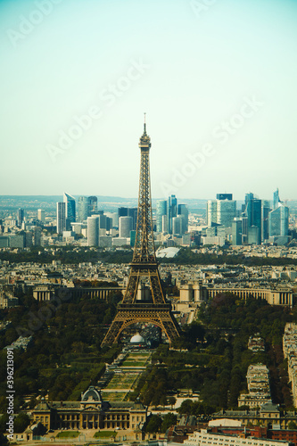 Aerial view of Paris with the Eiffel tower in the center of the image. © juanorihuela