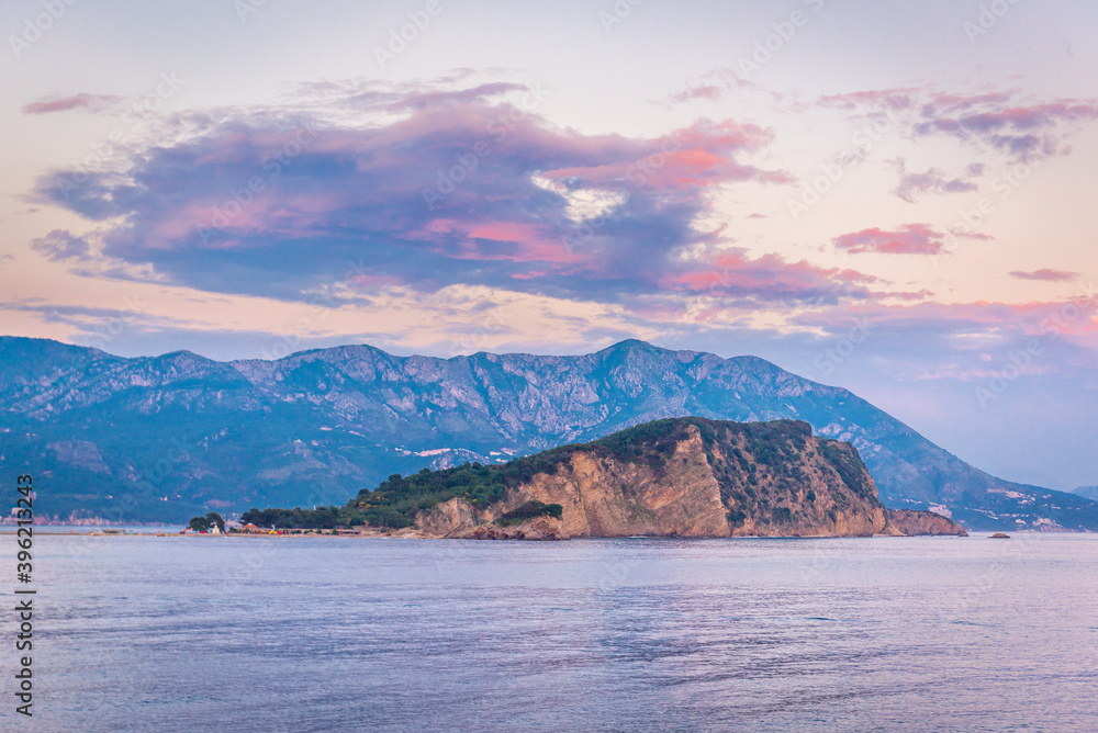Evening view on Island of Saint Nicholas on Adriatic Sea in Budva, Montenegro