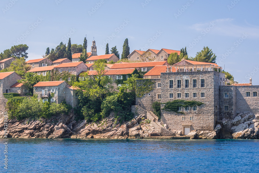 Buildings on Sveti Stefan island on Adriatic Sea in Montenegro