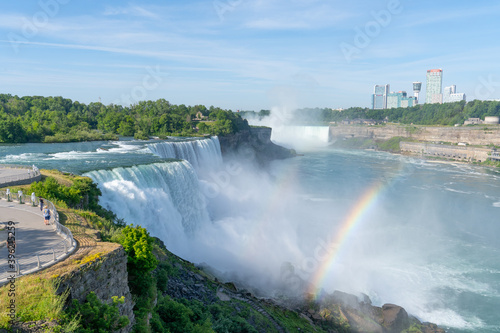 Niagara fall with rainbow visible.