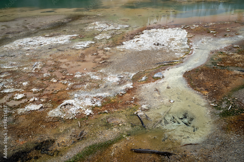 Abstract view, close up, of a colorful hot spring in the Norris Geyser Basin in Yellowstone National Park Abstract view, close up, of a colorful hot spring in the Norris Geyser Basin in Yellowstone National Park