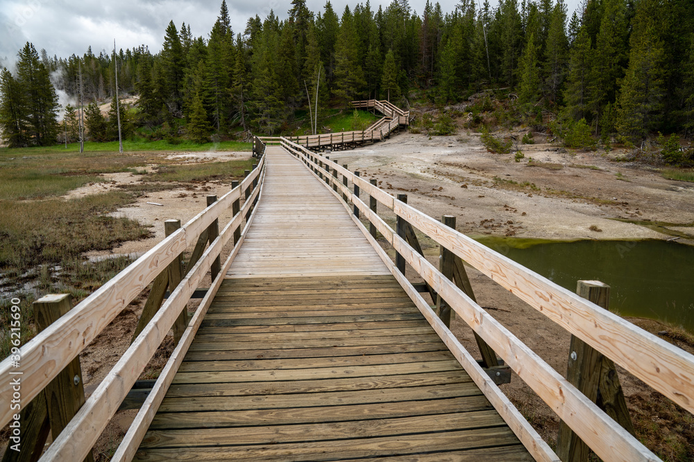 Leading lines of a boardwalk path along the Norris Geyser Basin in Yellowstone National Park, no people