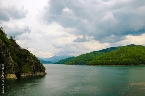 Scenery of Vidraru Dam and lake. Vidraru Dam, Romania. Carpathian Mountains, Fagaras ridge.