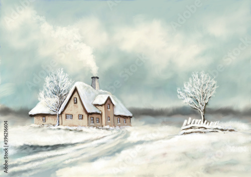 Digital paintings rural landscape, house in the snow. Fine art.