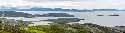 Amazing panoramic view from Com an Chiste Pass, Ring of Kerry, Iveragh Peninsula, County Kerry, Ireland, Europe. Part of North Atlantic Way